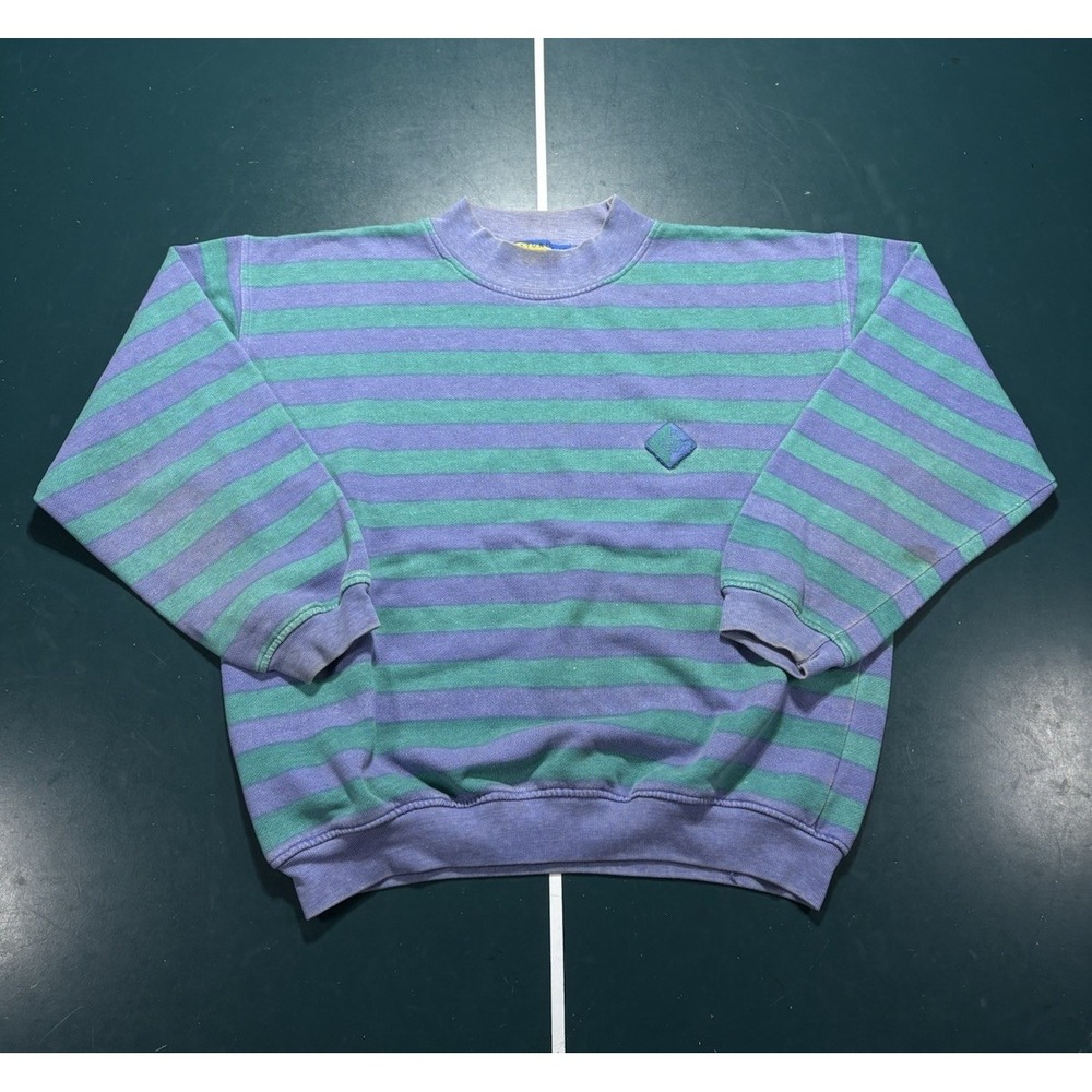 Vintage 80s Saturdays Striped Crewneck Sweatshirt Men's Large Green Purple Retro